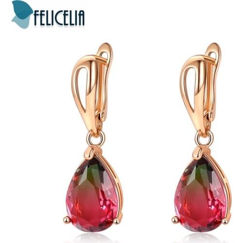 Felicelia Classic Multicolor Waterdrop Cubic Zirconia Women Earrings Wedding Jewelry Luxury Gold Color Drop Earrings