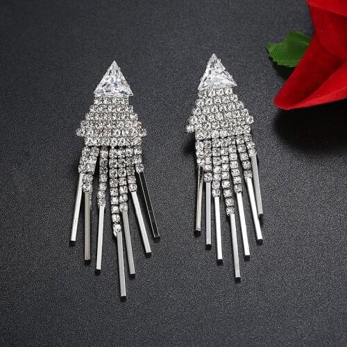 FYM High Quality Silver Color Long plant shape tassel Crystal Drop Earring Fashion Cubic Zirconia Jewelry for Women party