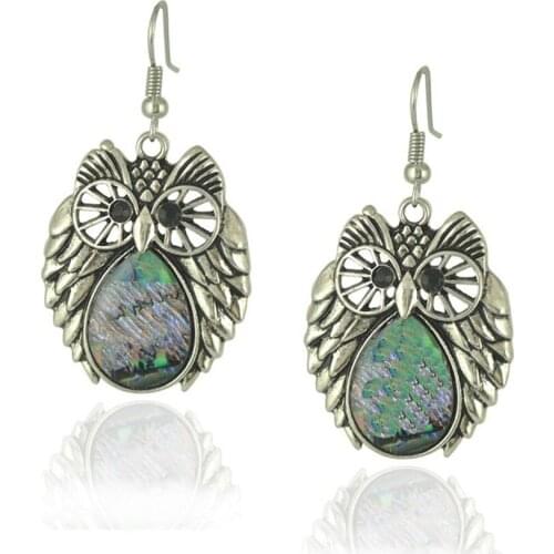 CiNily Natural Abalone Shell Owl Silver Plated Retro Wholesale New Style Fashion for Women Jewelry Drop Earrings 2" NH212