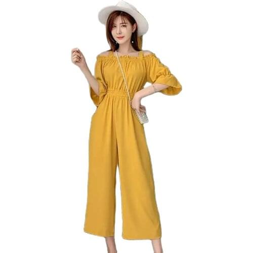Fashion Plus Size Women Clothing Fat MM Sling Jumpsuit Female 2021 New One-Word Collar Loose Belly Wide-Leg Pants Jumpsuit