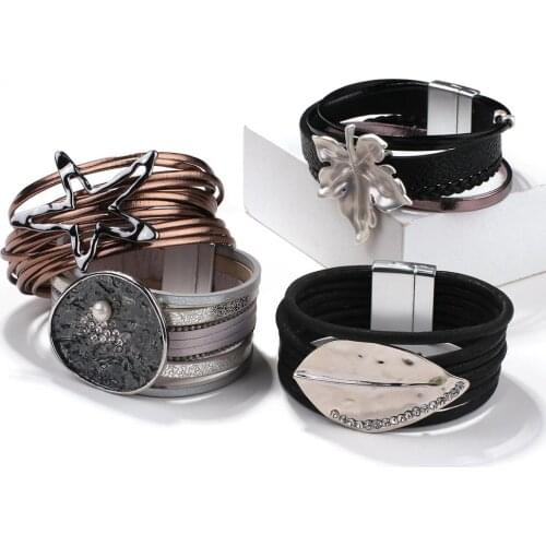 Flashbuy New Multi-type Stars Leaf Geometry Charm Leather Bracelets for Women Fashion Wide Wrap Bracelet Wristband Pulseira