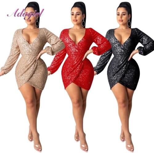 Women Sequines Deep V Neck Full Sleeve Bodycon Dresses Seay Hollow Out Bandage Evening Party Club Mini Dresses Banquet Vestidos