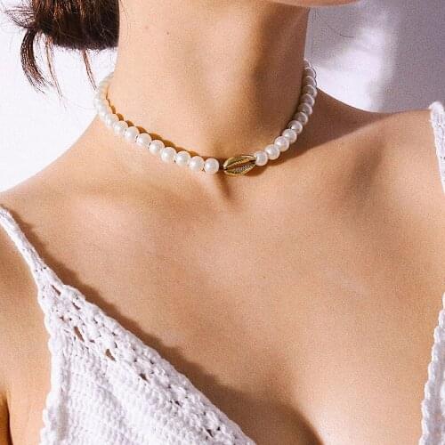 Chic Temperament Imitation Pearl Alloy Sea Shell Choker Necklace Women Vintage Geometric Neck Chocker Colar Necklace Jewelry