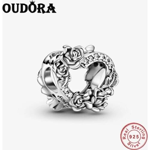Open Heart & Rose Flowers Charm 925 Sterling Silver Fit Original Pandora Charms Bracelet Bead 925 Silver Jewelry Berloque Making