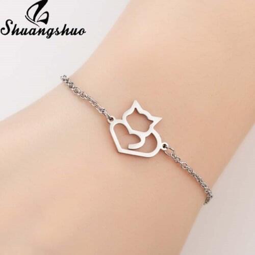 Shuangshuo Lovely Cat Bracelet Animal Bracelets for Women Stainless Steel Charm Bracelet Cartoon Cuff Bangle Cute Christmas Gift