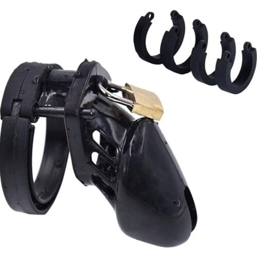 Black Plastic Chastity Cage with 5pcs Penis Ring Cock Cages Dick Lock Male Chastity Belt Sex Toy for Men Penis Sleeve Belt
