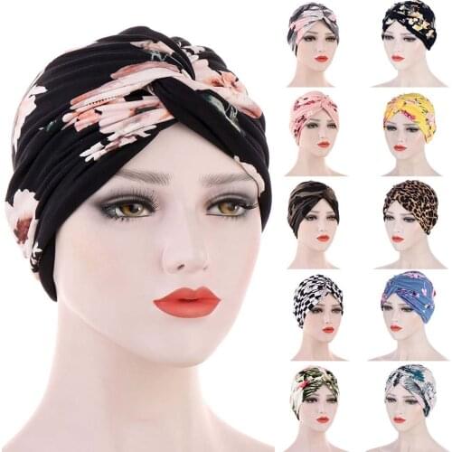 Floral Leave Leopard Pattern Twisted Jersey Hijabs Muslim Women Elastic Soft Turban Headband Easy Cap Chemo Hat Hair Accessories
