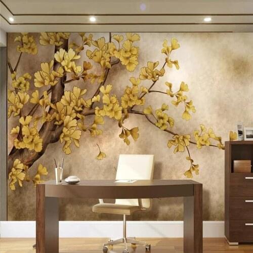Chinese style ginkgo tree TV background wall painting high-grade wall cloth manufacturers wholesale wallpaper mural photo wall
