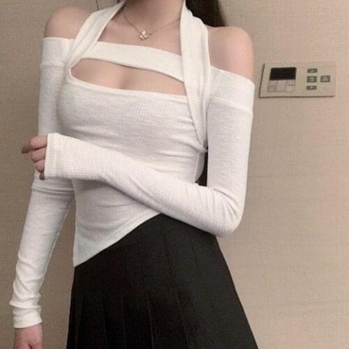 Sweet Girl Spring/Autumn Korean Fashion Woman Sexy Halter Irregular Design Slim Pullover Sweater Strapless Chic Womens Knitwear