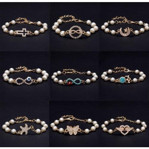 Rinhoo 2021 Hot Fashion Link Chian Bangle Bracelets Charm Heart Animal Simulated Pearl Beaded Bracelet For Women Jewelry 21cm