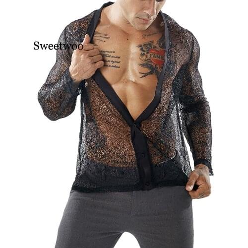 Mens Mesh Shirts Cardigan Long Sleeve Shirt Blouse Tops Solid Deep V Autumn Transparent Club Party Shirt Men Dress