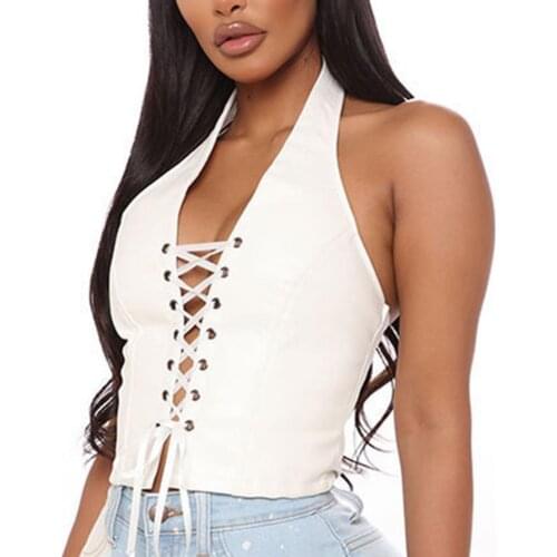 New Women Halter Vest Sexy Hollow Lace Up Cardigan Sleeveless Slim Faux Leather Blouse for Party Leather Mini Vest Tops