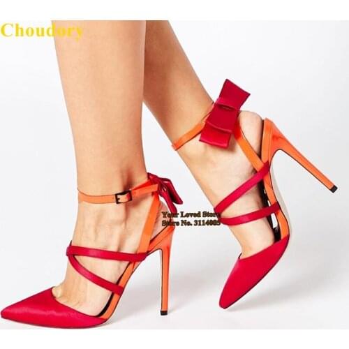 Choudory Orange/Red Satin Cloth Bowtie Pumps Stiletto Heels Color Patchwork Buckle Strap Shoes Butterfly-knot Wedding Heels