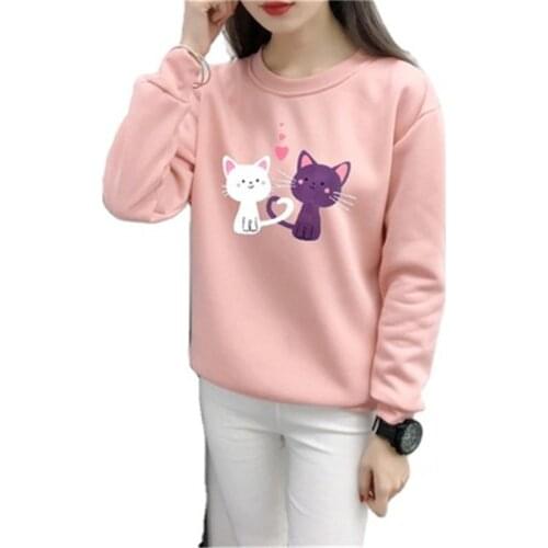 Autumn Winter Women Cartoon Cat Print Loose Long Sleeve T-shirt Clothes Female Girls Velvet Crew Sweatshirt O-neck Top