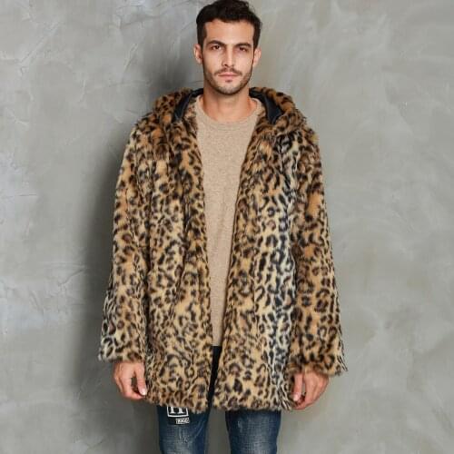 RoRoDox Winter Men Faux Fur Hooded Coat Fashion Mens Warm Leopard Thick Coat Jacket Faux Fur Outwear Overcoat