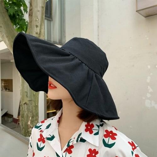 Womens Cotton Bucket Hat Elegant Big Wide Brim Foldable Beach Protection Sunhat Adjustable Panama Hat
