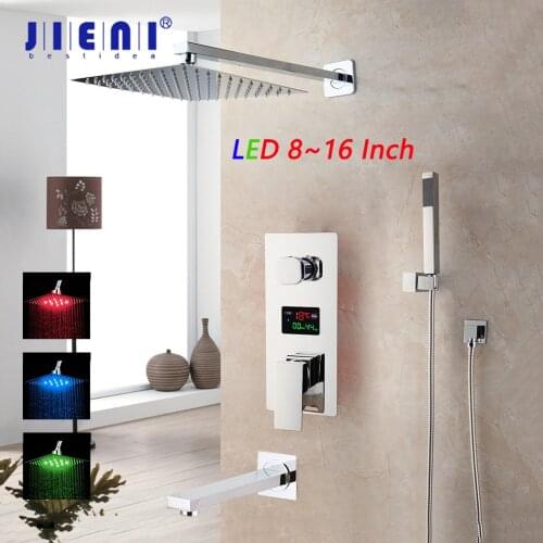 JIENI Chrome Polished Bathroom Shower Faucet Wall Mount Rainfall Shower Head 3 Functions Digital Display Mixer Shower Faucet Set