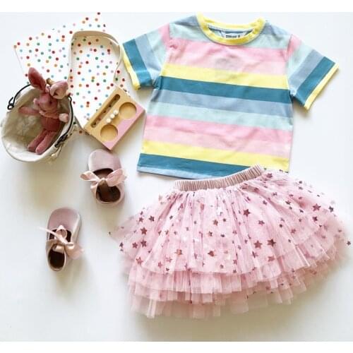 Tonytaobaby Girls Gauze Pink Cake Star Rainbow Stripes All-cotton Suit Girls Ruffle Outfits