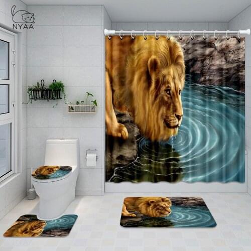 NYAA 4pcs Bathroom Shower Curtain 3D Animal Lion Durable Waterproof Bath Curtain Set Toilet Cover Mat Non-Slip Bathroom Rug Set
