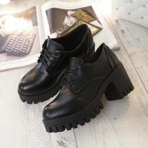 2019 British womens shoes college wind rough, straight shoes round head, high heel Bullock shoes lace, students' leather shoes