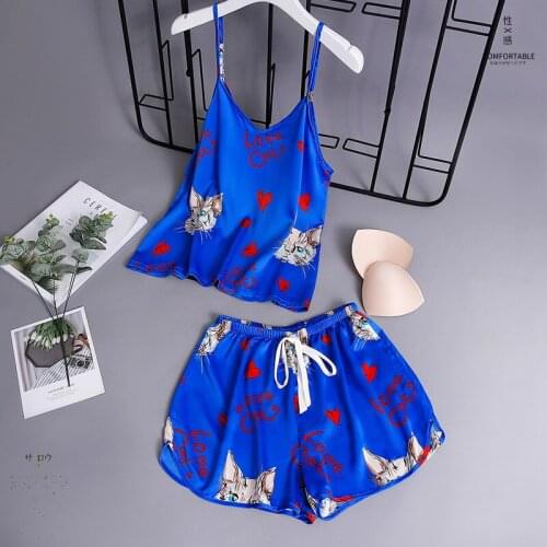 Women Pajamas Sets with Shorts Sexy Satin Cats Printing Summer Pyjama Nightsuits Pajamas for Women