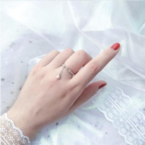 New Fashion 925 Sterling Silver Rings Micro Zircon Tassel Chain Simulated Pearl Adjustable Rings For Women anillos Bague Gift