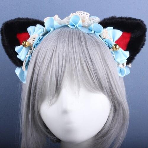 Women Girl Lolita Lace Headband Cat Ears on The Head Cosplay Anime Party Costume Bow Tie Bell Hairband Halloween Accessories