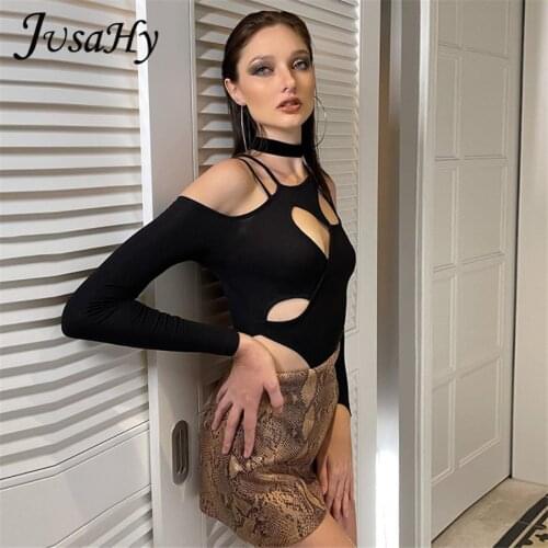 JuSaHy Y2K Solid Black Bodysuit for Women Fashion Sexy Hollow Out Chic Necklet Long Sleeves Bodycon Outfits Autumn Skinny Tops