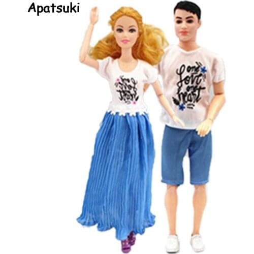 2sets/lot Couple Lover Casual Wear for Barbie Doll Outfits White Shirts Blue Pleat Skirt Shorts Clothes for Ken Boy Doll Toy