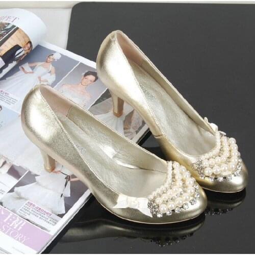 2018 Autumn and Winter Gold Wedding Dress Shoes High Heel Shoes Rhinestone Bridal Shoes Single Shoes