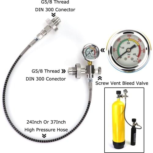 New Paintball Air Gun Airsoft PCP DIN Dive Cylinder Decanting / Equalising Pressure Hose+Pressure Gauge - Dual 232 and 300 Bar