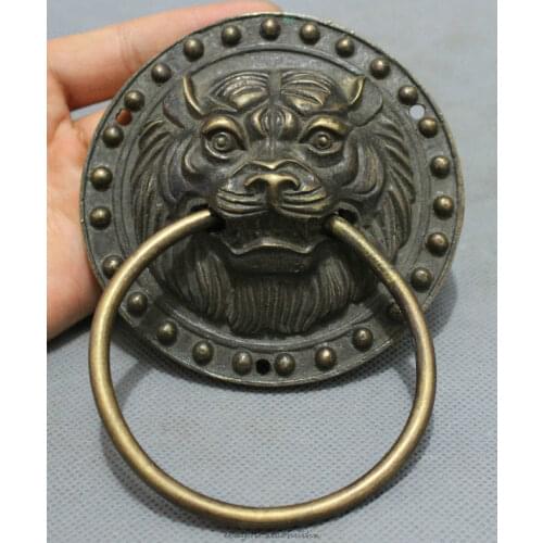 Free Shipping bi002844 Chinese Bronze Copper Carved FengShui Lion Head Statue Palace Mask Door Knocker