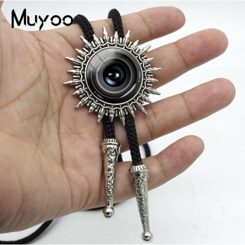 BOLO-00139 Antique Camera Lens Tag Bolo Tie Glass Cabochon Pendant Gray Black Jewelry Excellent Gift for Camera Lover Wholesale