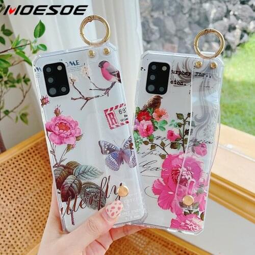 Case For iPhone 11 12 Pro Max XR XS X 8 7 Plus SE 2020 Lovely Flowers Transparent Wrist Band Phone Cases Hand Strap Stand Cover