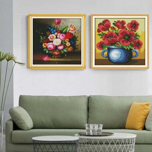 HUACAN Cross Stitch Flower Kits Embroidery Needlework Sets Cross-Stitch Flowers White Canvas 11CT 14CT DIY Gift Home Decoration