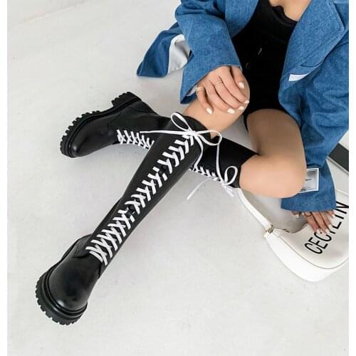 Spring Autumn Round Head Leather Ladies Motorcycle Boots Winter Women’s Zipper Cross Tied Comfortable Square Heel Knee Boots