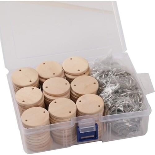50LB 1 Set Natural Blank Wood Slices Discs Unfinished Wooden Hanging Tags Chips Round Circles Pendants with Hole Metal Keychain