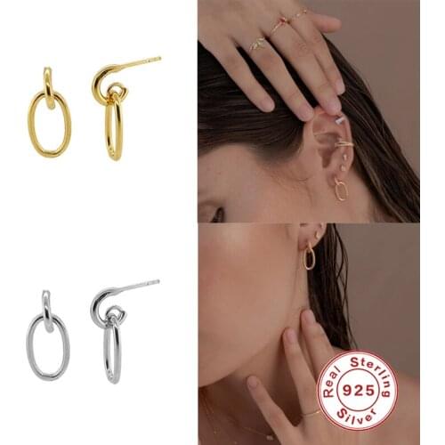 GS Simple Tow Circle Stud Earrings For Women Gift 925 Sterling Silver Chain Loop Earrings Jewelry Pendientes Brincos Aretes