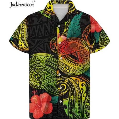 Jackherelook American Samoa Style Hawaiian Shirts for Mens Gradient Polynesain Hibisucs Plumeria Print Beach Tops Plus Size 5XL