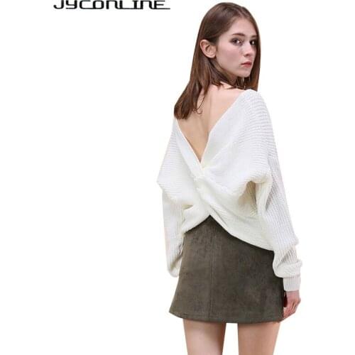 JYConline Fashion V Neck Twisted Sweater Women Jumpers Pullovers Long Sleeve Knitted Sweaters Pull Femme Backless Pullover Woman