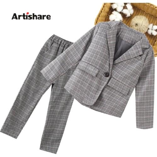 Girls Suit Set Plaid Pattern Suit For Girls Jacket + Pants Children Clothes Girl Spring Autumn Childrens Clothing 6 8 10 12 1