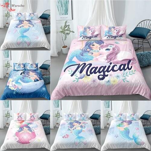 3D Cartoon Bedding Set For Girls Kids Adult Mermaid Duvet Cover Single King Quilt Comforter 2/3pcs Teens Bed Cover 90/135/150