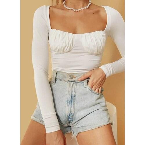 Black White Square Neck Long Sleeve Crop Top Ruched Slim Fit T-shirt Tops Tee Female Clothing Spring Autumn Women Shirt