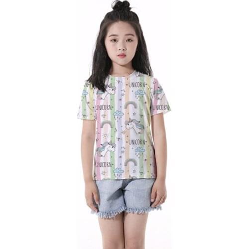 Girls 3-10 Y Summer O-neck Short Sleeve 3D Digital Print Raining Unicorns Pattern T-shirt Fashion Korean Style Girls T-shirts