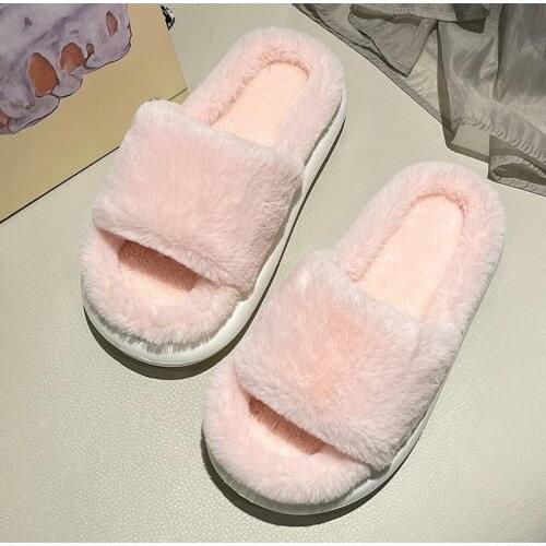 Fashion Winter Plush Slippers Womens Warm Home Furry Platform Indoor Slipper Slip On Open Toe Shoes Woman Casual Slides