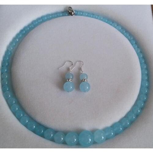 6-14mm Brazilian Aquamarine Round Beads Necklace Earrings Set 18" AAA