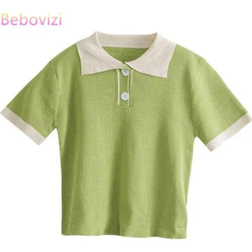 Green Purple Black White 2021 New Style Fashion Summer Women Female Polo Collar Short Sleeve Knitted Sweater Pullover Buttons