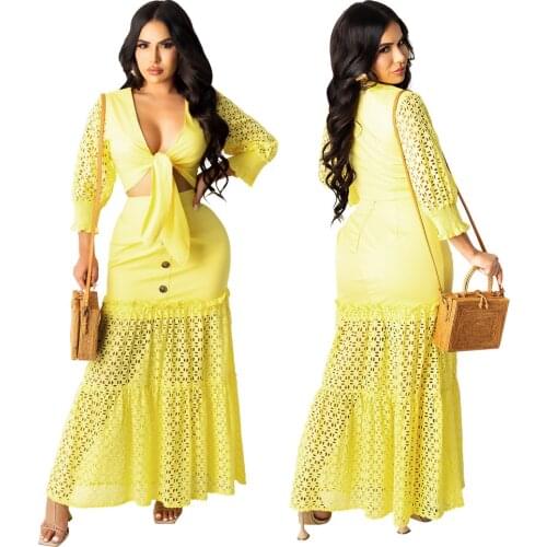 SKMY Sexy Outfits For Woman Night Club Tie Up Top Long Sleeve Hollow Out Fashion Bodycon Skirts Female Two Piece Sets Party Wear