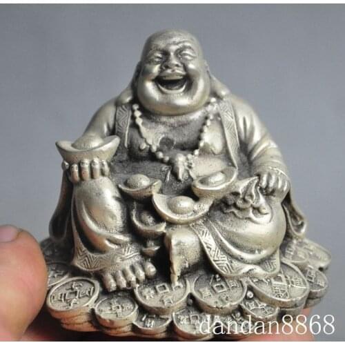 Budismo chino tibet plata feliz risa Maitreya Buda sostiene la estatua de la riqueza Yuanbao