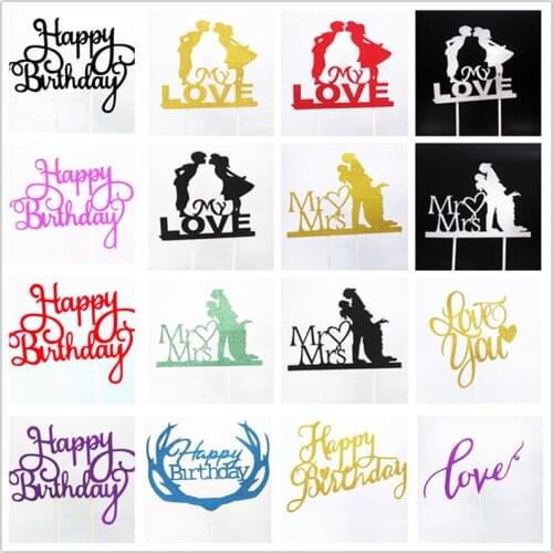 Wedding Cake Topper Flags Bride Groom Mr Mrs Acrylic Black Cake Toppers HAPPY BIRTHDAY Decorations Mariage Party Supplies Favors